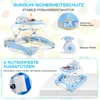 A marketing image showcasing a blue baby walker with various features highlighted by text and diagrams. Podgląd zdjęcia produktu