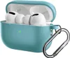 A teal silicone case for Apple AirPods Pro 2 with a silver carabiner attached. Produktbild-Vorschau