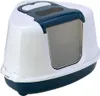 A white and dark blue corner litter box with a gray flap door and a handle on top. Produktbild-Vorschau
