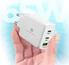 A hand holding a white USB-C charger with the brand name 'Wicked Chili' visible. The background has a bright, radiating light effect and large, translucent numbers '65W'. Produktbild-Vorschau