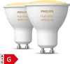Two white Philips Hue light bulbs are shown against a white background. An energy efficiency label is visible in the bottom left corner. Produktbild-Vorschau