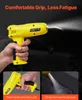 A hand holding a yellow plastic welding gun with a light beam emanating from the nozzle. Two inset images show close-ups of the handle and the nozzle with light. Podgląd zdjęcia produktu