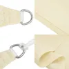 A collage of close-up images showing the details of a cream-colored sun sail, including its fabric texture and D-ring attachment with rope. Produktbild-Vorschau
