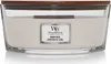 A WoodWick candle with a wooden lid and a label indicating the scent. Anteprima dell’immagine prodotto