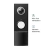 A black video doorbell with a camera and button, shown on a white background with feature descriptions. Produktbild-Vorschau