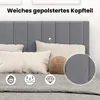 A close-up view of a gray upholstered headboard with pillows, featuring marketing icons and text. Náhled obrázku produktu