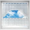 A window with white lace curtains and a view of the sky and clouds. Produktbild-Vorschau