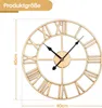 A golden wall clock with Roman numerals is shown with dimensions indicated. Voir les images du produit