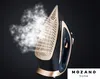 A black and gold cordless steam iron is shown emitting steam against a dark background. The brand name 'MOZANO' and 'home' are visible in the bottom right corner. Produktbild-Vorschau