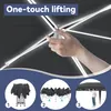 A collage of images showing how to set up a pop-up gazebo, with a close-up of a hand operating a lifting mechanism, and diagrams illustrating the folding and unfolding process. Voir les images du produit