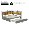 Diagram and text showing dimensions and features of a bed frame with a pull-out bed and storage headboard. Náhled obrázku produktu