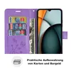 A purple flip phone case with card slots and a phone inside, shown open. Produktbild-Vorschau