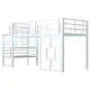 A white bunk bed with a ladder and storage shelves, against a white background. Produktbild-Vorschau