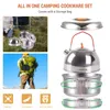 Collage of images showing a camping cookware set, its components, and a person using it. Produktbild-Vorschau