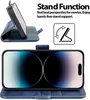 A blue flip case for an iPhone 14 Pro, shown in both open and closed positions, with text and an icon highlighting its stand function. Anteprima dell’immagine prodotto