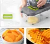 A collage showing a multi-functional vegetable slicer in use, a bowl of potato chips, and a plate of waffle-cut fries. Náhľad obrázku produktu