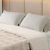 A close-up view of a bed with pillows and a fluffy blanket. Produktbild-Vorschau