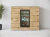 A modern wooden sideboard with a glass-fronted display cabinet featuring LED lighting, showcasing glassware and bottles. Voir les images du produit