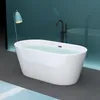 A modern bathroom with a freestanding white bathtub filled with water, a blue floor lamp, and a dark faucet. Produktbild-Vorschau