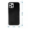 A black phone case with dimensions indicated by blue lines and text. Produktbild-Vorschau