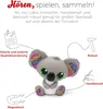 A marketing image showing a toy koala figure with text highlighting its features. Produktbild-Vorschau