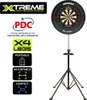 A Winmau Xtreme dartboard stand with a dartboard attached, shown with feature callouts. Produktbild-Vorschau