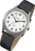 A close-up, angled view of a men's wristwatch with a white face and black leather strap. Náhled obrázku produktu