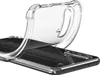 A clear phone case is shown being placed onto a smartphone. Produktbild-Vorschau