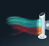 A tall, cylindrical heater/fan unit is shown with stylized red and blue waves of air emanating from it, suggesting heating and cooling functions. An arrow indicates airflow direction. Voir les images du produit