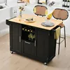 A black kitchen island with a wooden countertop is shown in a kitchen setting, with two bar stools pulled up to it. Náhľad obrázku produktu