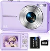 A purple digital camera with accessories, including a battery and memory card, displayed against a white background. Produktbild-Vorschau
