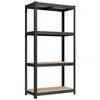 A black metal shelving unit with four wooden shelves, shown from the front against a white background. Náhled obrázku produktu