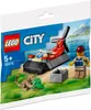 A LEGO City polybag set featuring a hovercraft, a minifigure, a monkey, a green alligator, and a grey crate on a beach and grassy environment. Produktbild-Vorschau