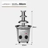 A silver chocolate fountain with dimensions and brand information displayed. Podgląd zdjęcia produktu