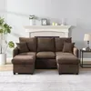 A brown sectional sofa with two storage ottomans in a living room with a fireplace.