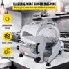 A commercial electric meat slicer is shown in a kitchen setting with descriptive text overlays. Podgląd zdjęcia produktu