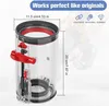 A clear plastic dustbin for a vacuum cleaner with red accents, shown with measurements and text indicating it works perfectly like originals. There is a faint, out-of-focus image of a vacuum cleaner in the background. Produktbild-Vorschau