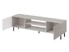 A light gray TV lowboard with open doors and shelves, shown from a side angle on a white background. Náhled obrázku produktu
