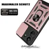 A rose gold and black phone case with a ring holder and camera cover is shown at an angle, with text indicating maximum protection. Produktbild-Vorschau