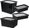 Four black plastic storage boxes of different sizes with lids, arranged in a group on a white background. Podgląd zdjęcia produktu