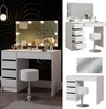 Collage of a white high-gloss vanity table with LED lighting and a stool, shown from different angles and in different settings. Produktbild-Vorschau