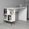 A white desk with built-in shelving is shown against a gray wall and on a light gray floor.