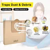 A vacuum cleaner bag is shown with various particles it traps, such as pollen, pet dander, and dirt, with a blurred background of a person. Produktbild-Vorschau