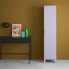A tall, slender lilac cabinet stands next to a black console table with a lamp, artwork, and two vases. Produktbild-Vorschau