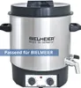 A stainless steel electric cooker with a black lid and base, featuring a tap and control dials. The BIELMEIER logo is visible, along with text overlays and indicator lights. Produktbild-Vorschau