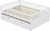 A white wooden daybed with a pull-out trundle bed and two drawers underneath, shown from a diagonal angle. Produktbild-Vorschau