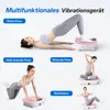 A collage of images showing a woman using a pink vibration plate for various exercises. Produktbild-Vorschau