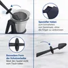 A collage of four images showing different features of a kitchen tool, likely a spatula or scraper for a food processor. Produktbild-Vorschau