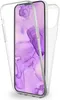 A clear protective case for an iPhone is shown, with the phone inside displaying a purple abstract background. Produktbild-Vorschau