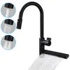 A black kitchen faucet with multiple water spray modes shown in inset circles, and a waterfall-like water flow at the bottom. Produktbild-Vorschau